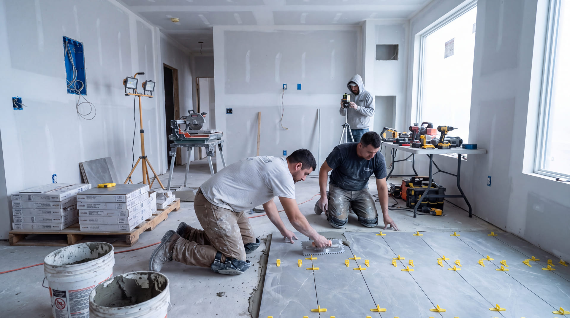 First Choice Tile installers setting large-format tile in an unfinished new-construction unit