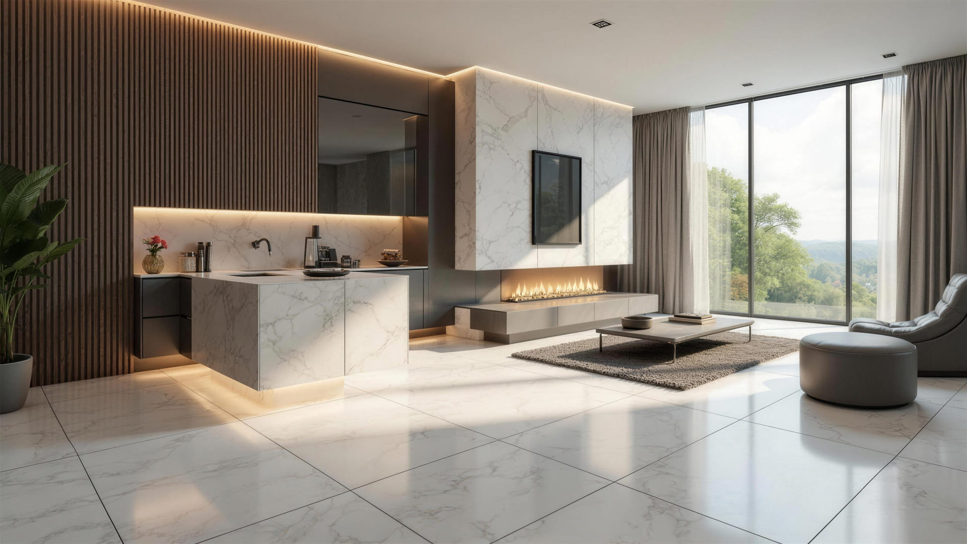 Large-format porcelain tile floor installed by First Choice Tile in an Atlanta home